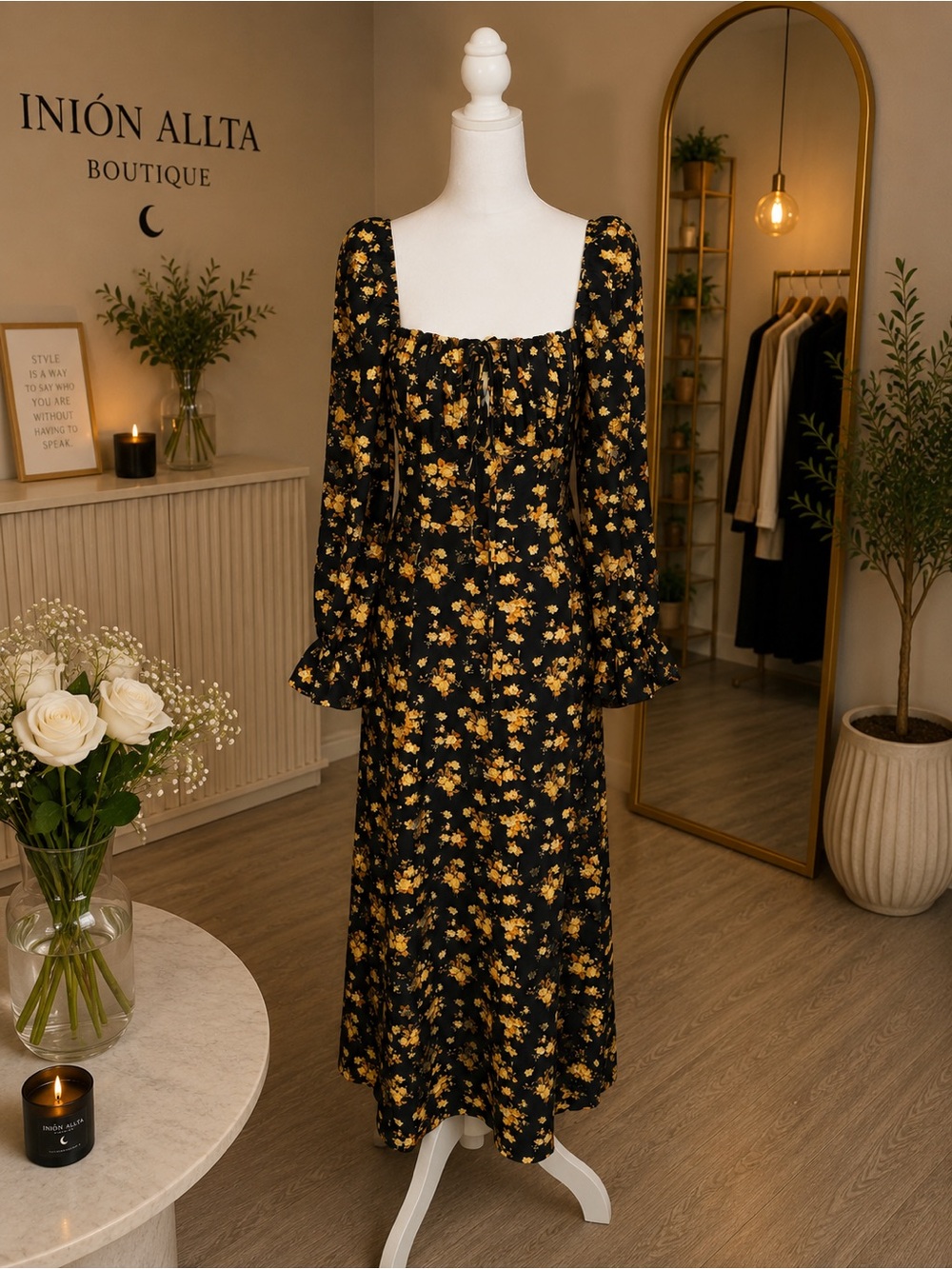 Square-Neck Long Sleeve Maxi Dress in Black with Mustard Floral